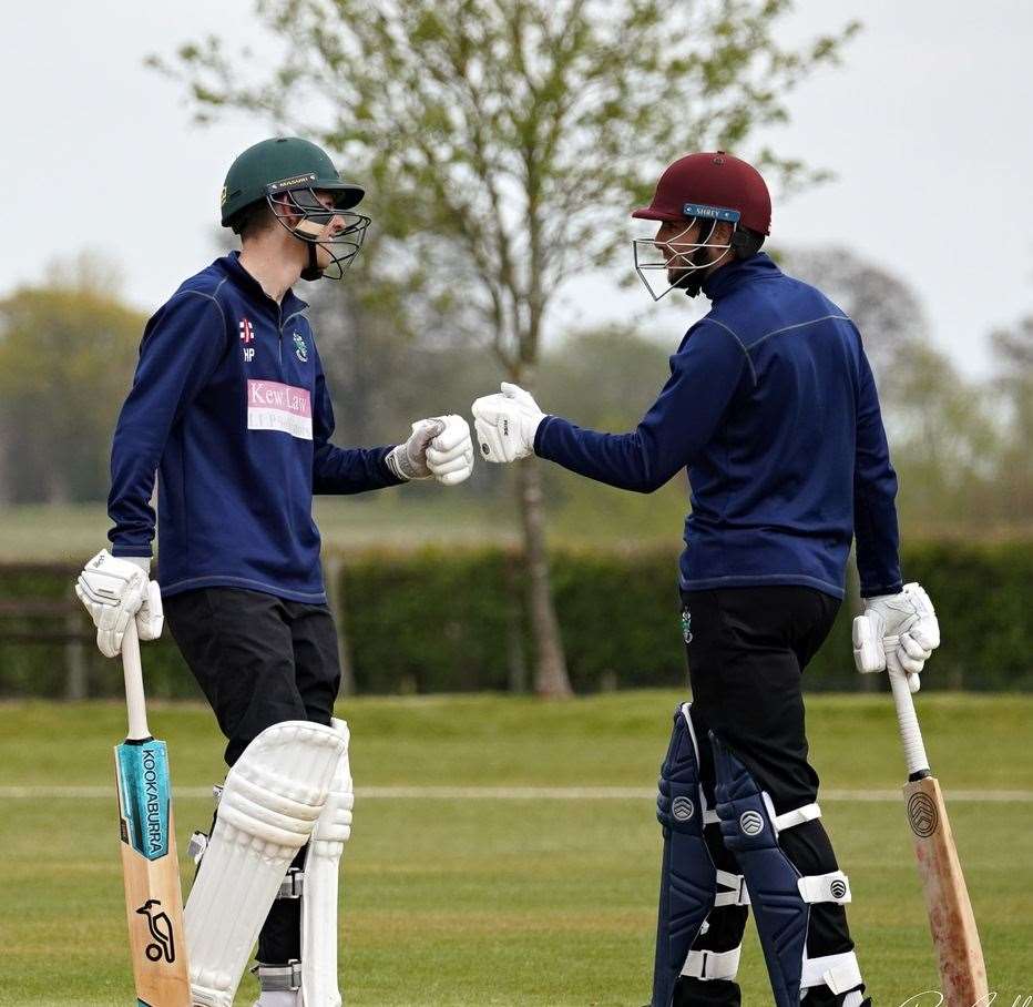Harry Pritchard, left, and Ryan Vickery, right, both came together to post century scores in Halstead’s play-off semi-final victory against Wisbech while, inset, Josh King took 5-6 with the ball Pictures: Roger Cuthbert