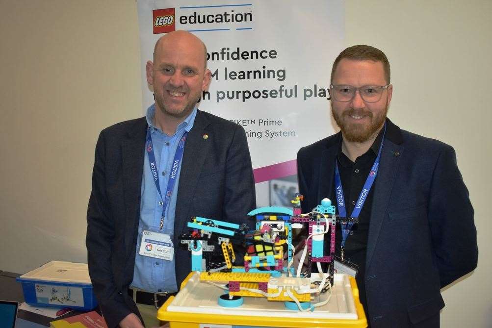 Ben Abbott and Jason Tye from Getech use Lego Education to promote sustainable careers. Picture: Supplied by Eastern Education Group