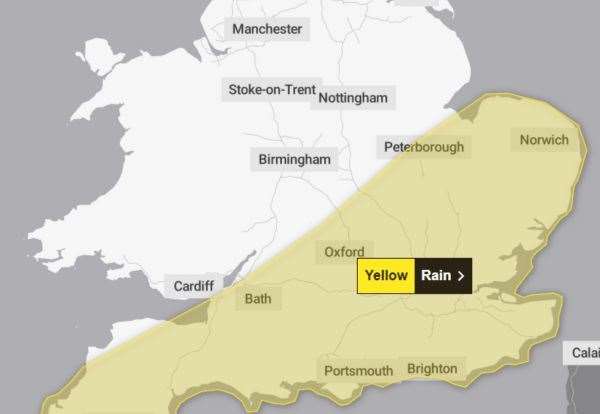The yellow weather warning will be in place from 12pm today to 3am tomorrow. Picture: The Met Office