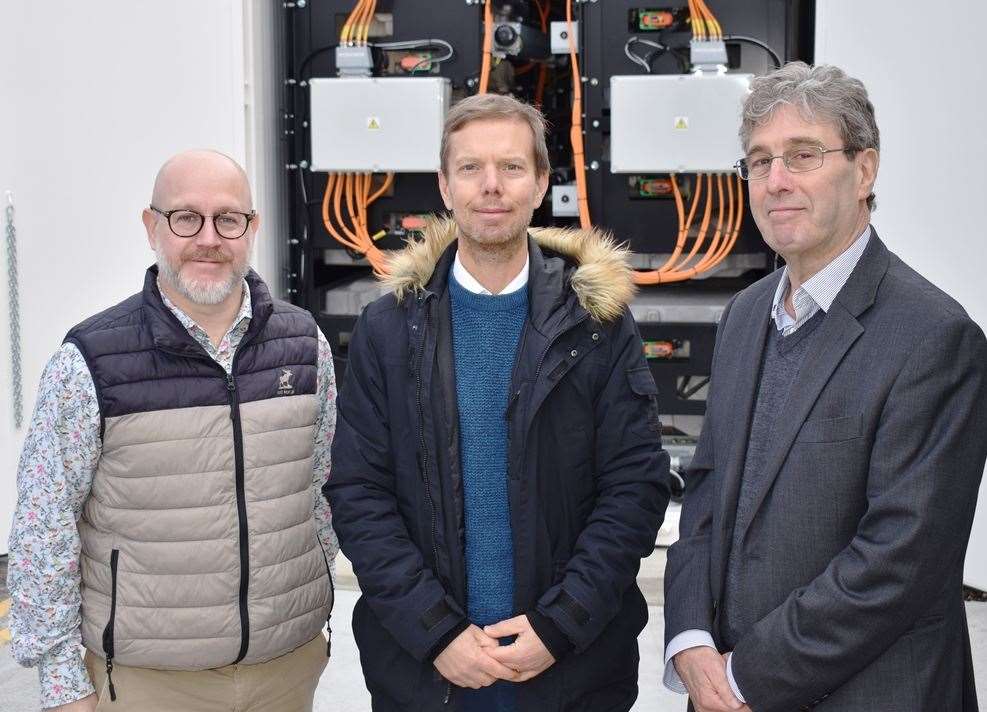 Phil Stittle (West Suffolk College), Nigel Dent (Connected Energy) and Andrew Wheeler (West Suffolk College) outside a new battery energy storage system that is based at the college for students to use during lessons. Picture: Supplied by Eastern Education Group