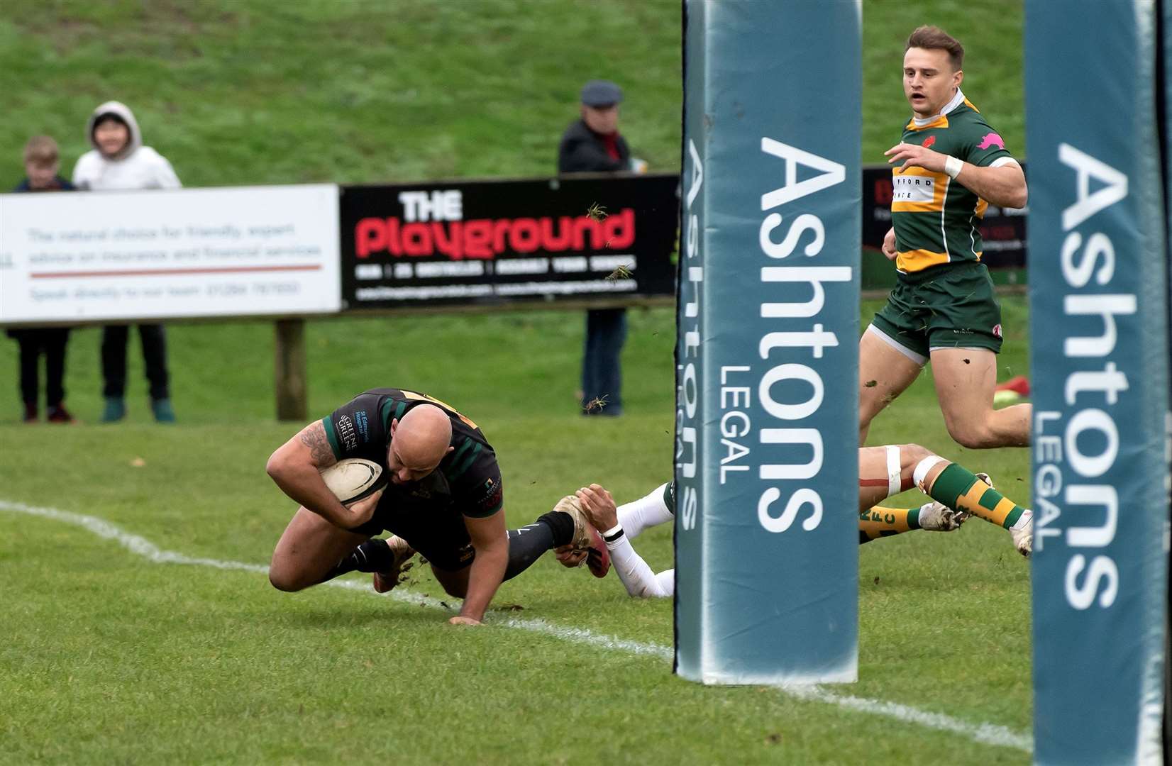 Shaq Meyers manages to beat a tackle to get the ball down for the first try for Bury Picture: Mecha Morton