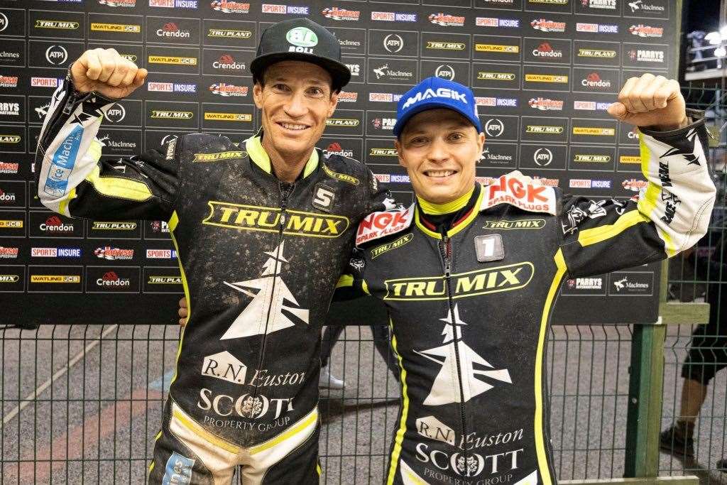 Jason Doyle, left and Emil Sayfutdinov, celebrate after the Witches beat Belle Vue in the semi-finals. Picture: Taylor Lanning