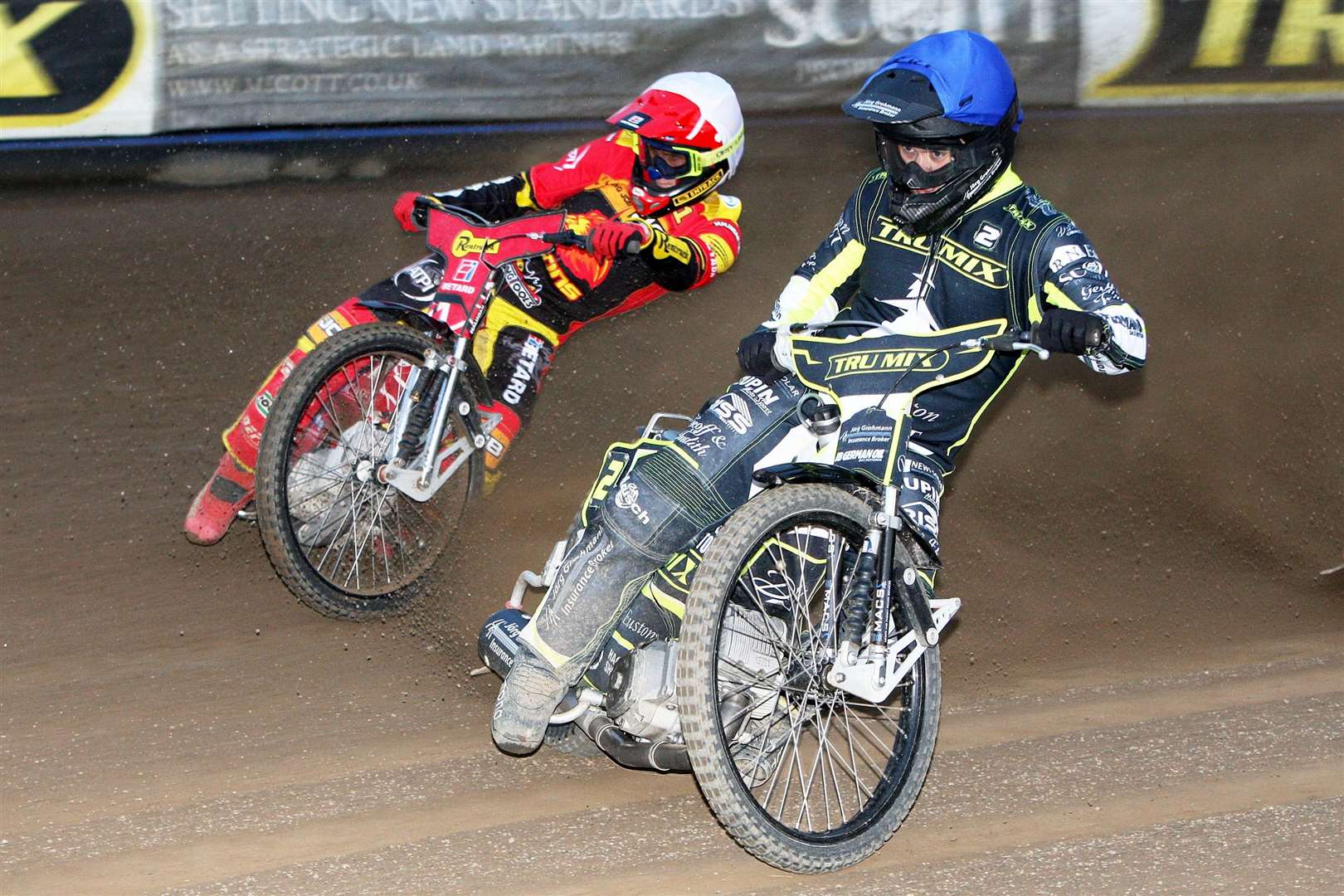 Erik Riss leads Leicester’s Max Fricke at Foxhall last week as the Witches push on for that final play-off spot. Picture: Phil Hilton