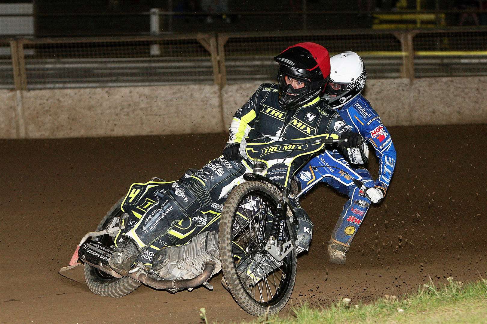 Erik Riss leads Nicolai Klindt at Foxhall last week. Riss has returned to form this season after illness, while Klindt’s season is over after an awful crash in Poland at the weekend.. Picture: Phil Hilton