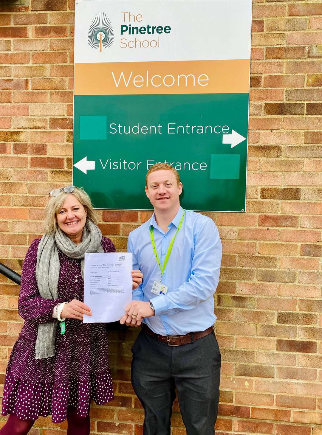 James Rice, head of school, and Katrina Warren, director of specialist provision, holding the Ofsted judgement of 'good'. Picture: Pinetree School