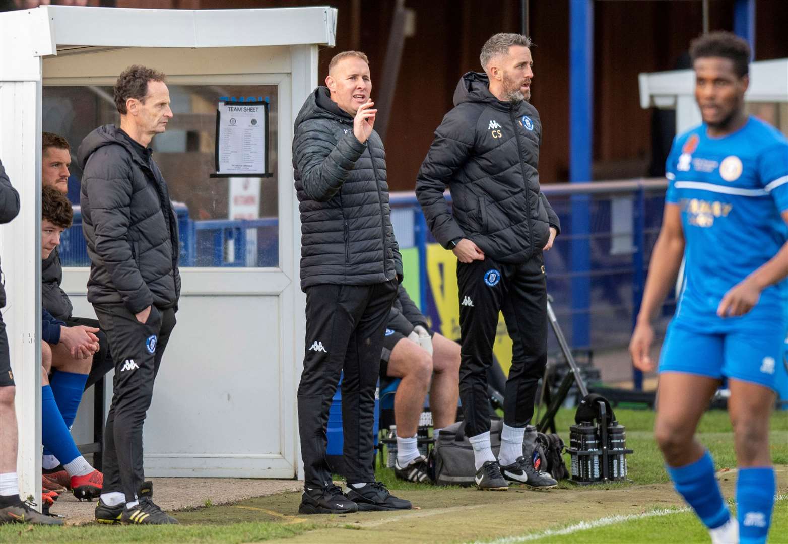 The Bury Town management team of Mark Jolland (left), Cole Skuse (centre) and Paul Musgrove (right) on the touchline Picture: Mark Westley