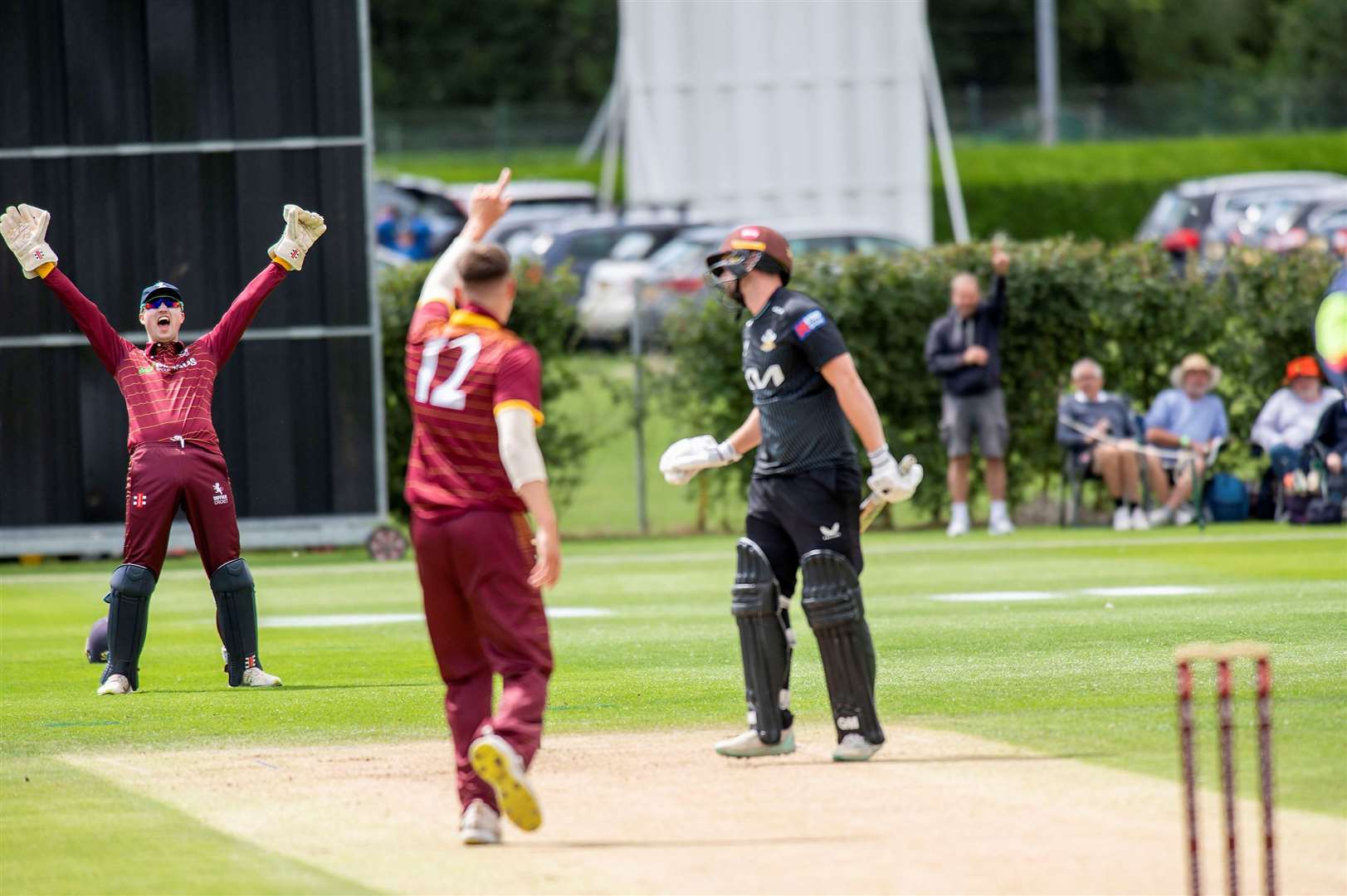 Suffolk wicketkeeper Jacob Marston leads the appeal for a wicket Picture: Mark Westley