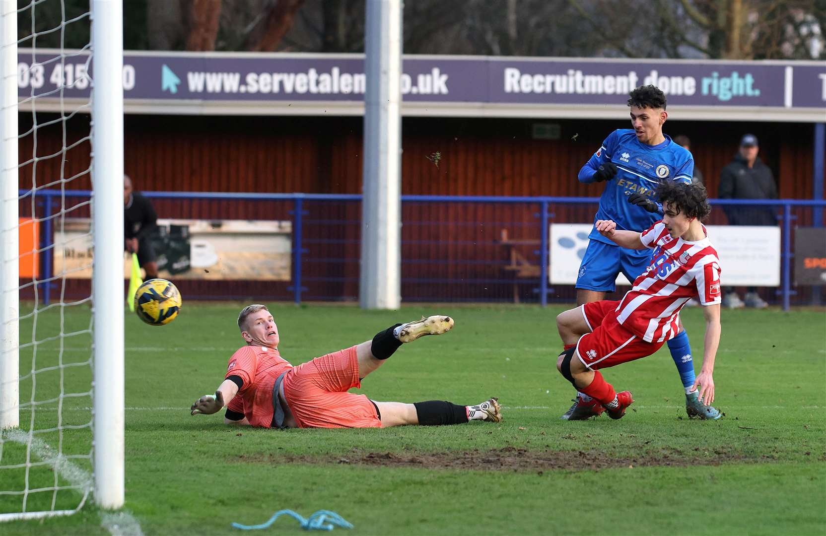 Max Maughn watches his shot beat goalkeeper David Hughes in the first half Picture: Richard Marsham