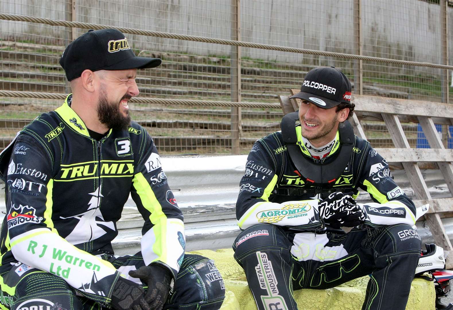 Danny King, left and Keynan Rew enjoy a moment in the pits at Foxhall last week. Picture: Phil Hilton