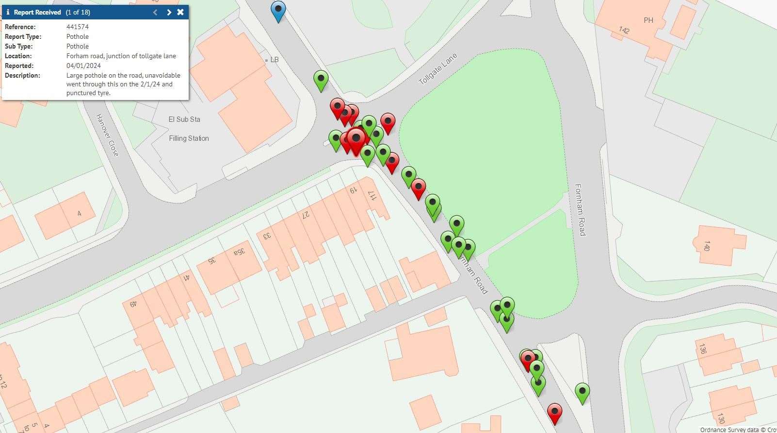 This shows a cluster of reports of potholes at the Tollgate Triangle in Bury St Edmunds. The red markers are active reports. Green markers are reports that have been cleared. Dated 04/01/24. Picture: Suffolk Highways Reporting Tool
