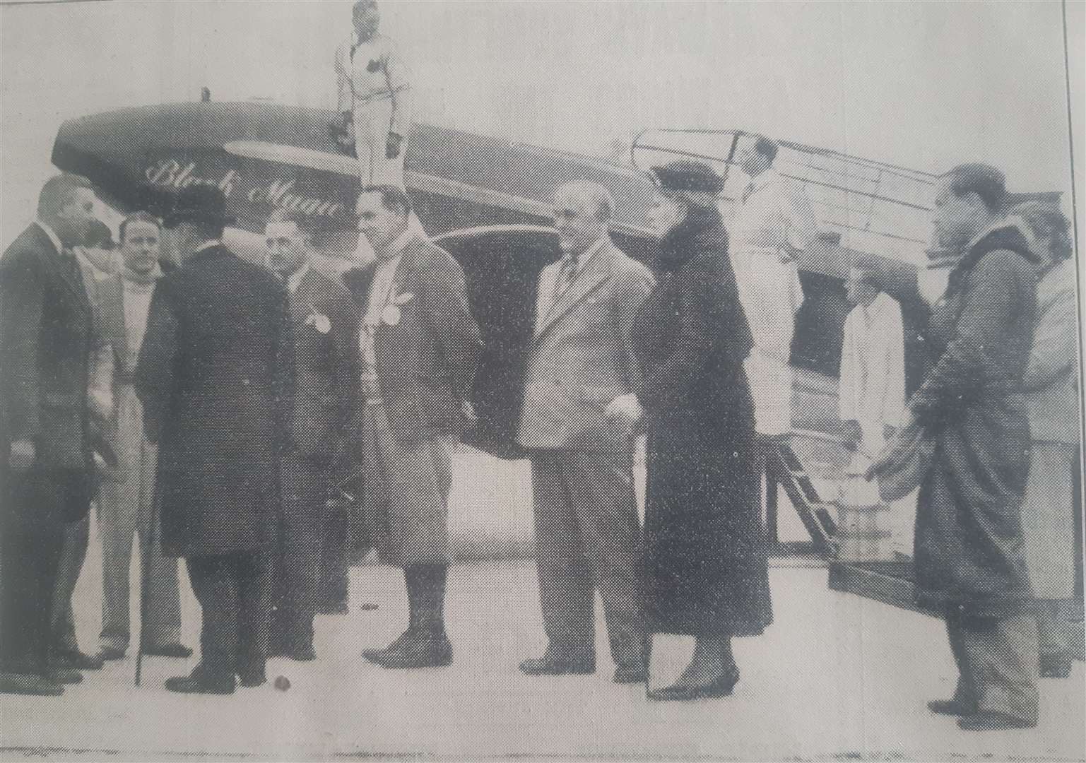 King George V and Queen Mary are introduced to participants in the 1934 Mildenhall to Melbourne air race. Photo: Newmarket Journal