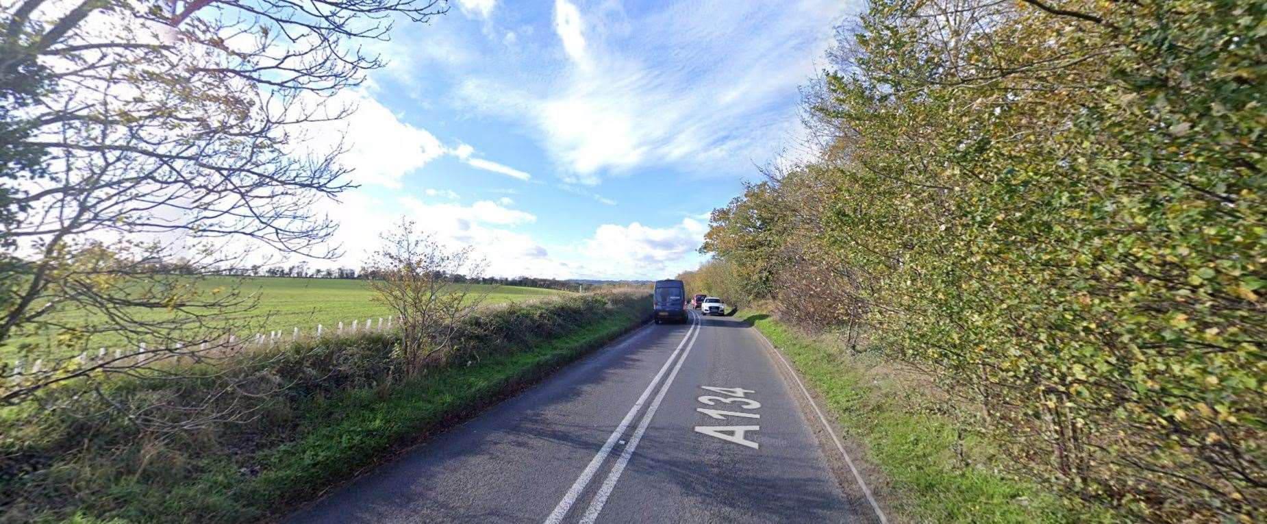 The A134 between Sudbury and Newton was partially blocked after a two-vehicle crash. Picture: Google Maps