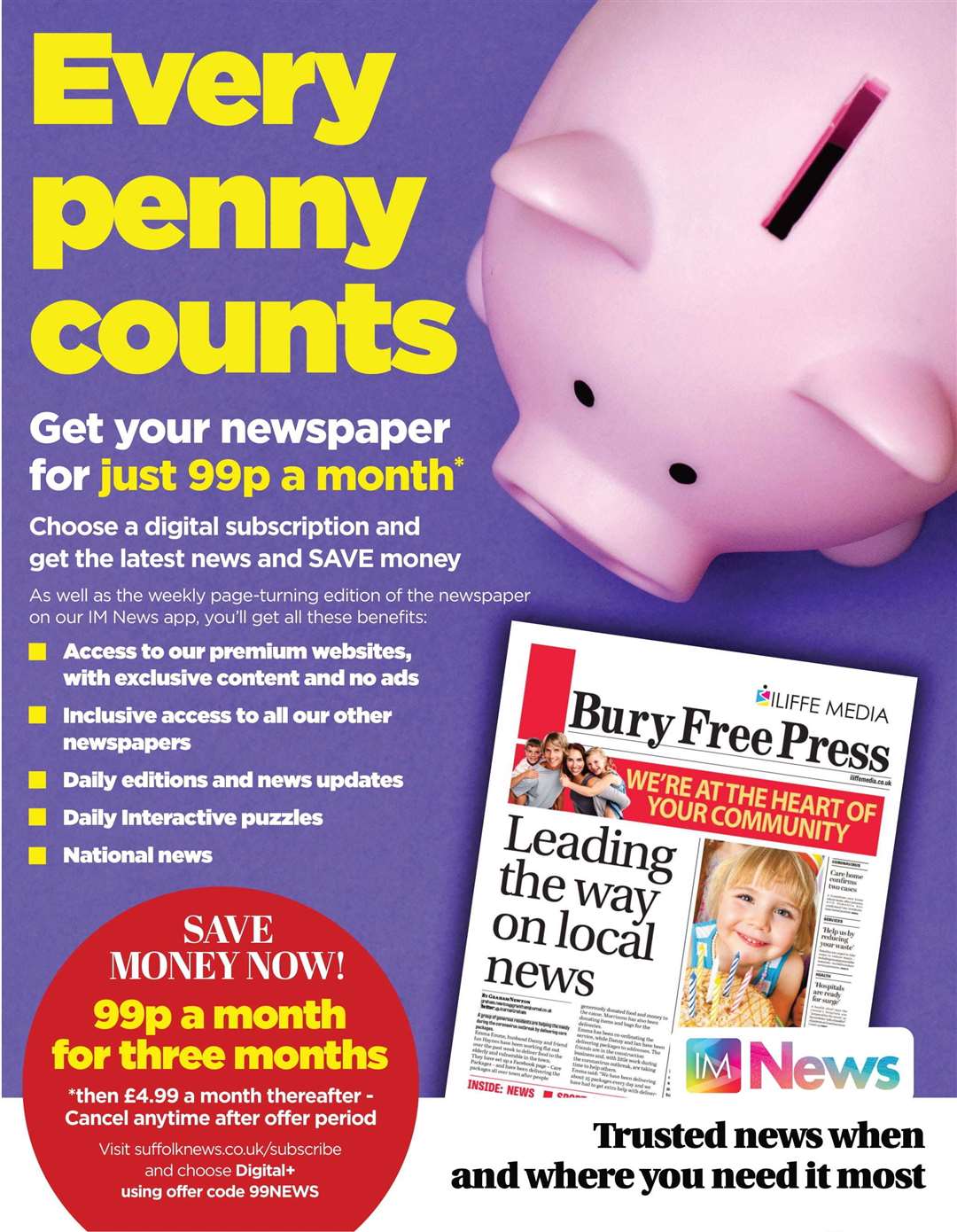 You can get the Bury Free Press, Haverhill Echo, Newmarket Journal and Suffolk Free Press for just 99p a month for a limited time. (59116127)