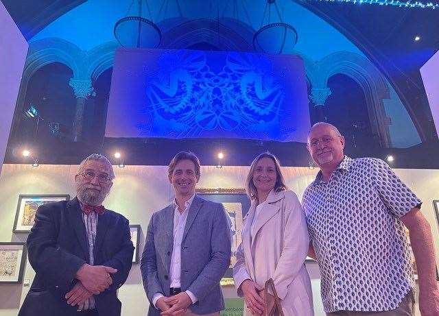 John Brandler, Daniel Schumann, Tracey Harding from NHRM and Cllr Ian Shipp in front of a piece by Swoon at the Mutiny in Colour exhibition at Haverhill Arts Centre. Picture: West Suffolk Council