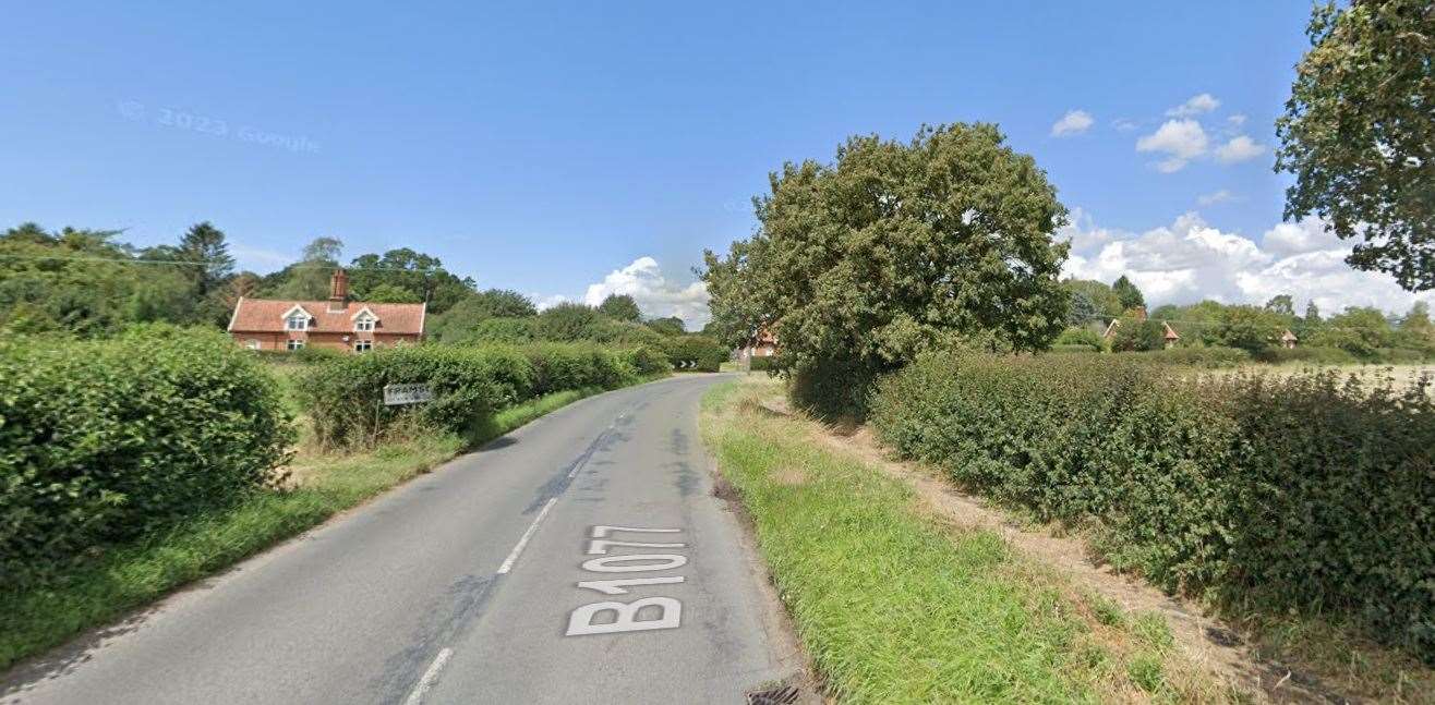 Police were alerted at 6am to the incident on the B1077 in Framsden, where the lorry is on its side in a ditch. Picture: Google