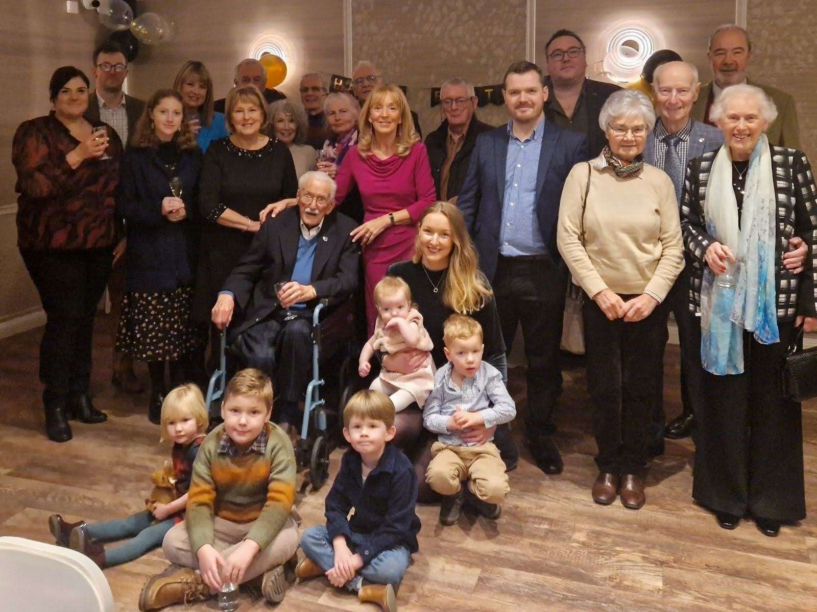 John Stokes surrounded by family members for his 100th birthday party at The Wisteria Hotel in Oakham