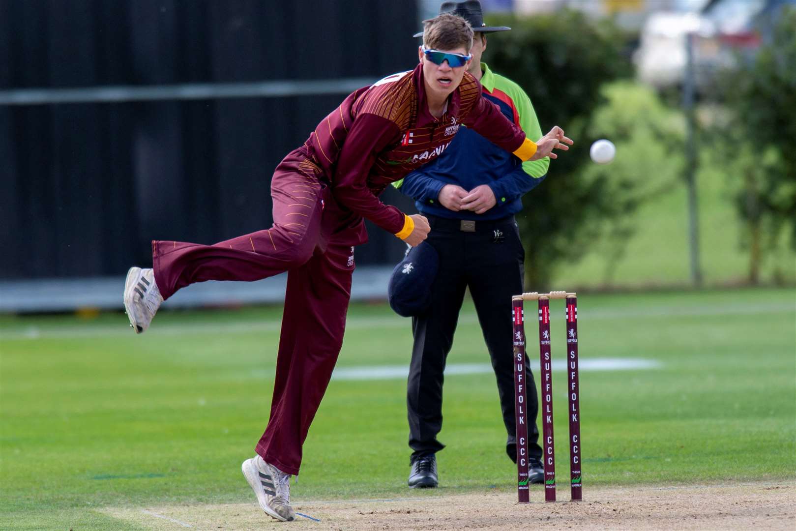 Thomas Harper bowls for Suffolk in the 50-over showcase fixture with reigning LV= Insurance county champions Surrey at Woolpit CC Picture: Mark Westley