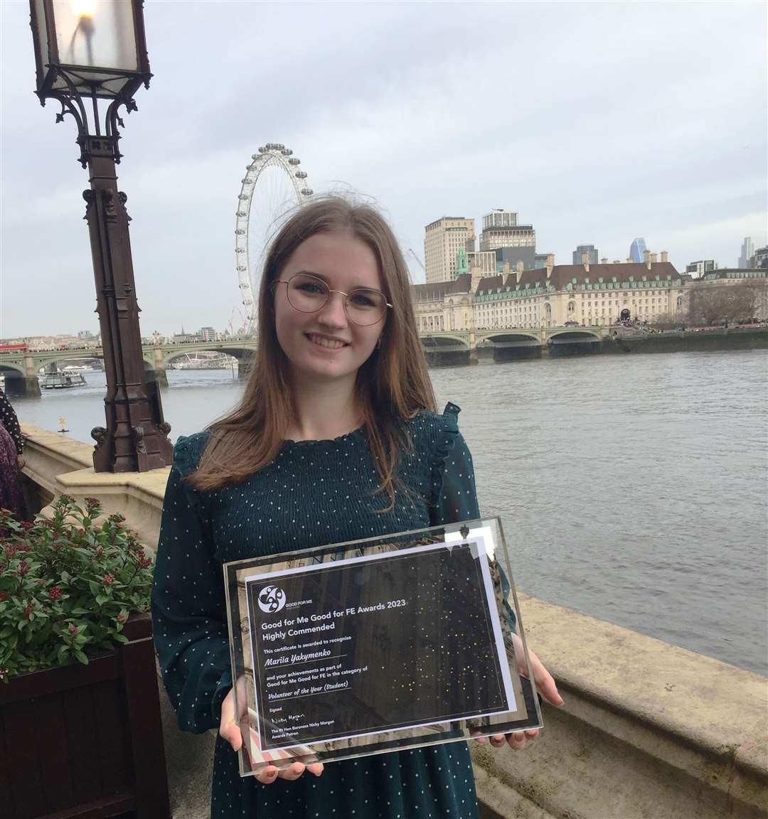 Mariia Yakymenko with her award on the House of Lords terrace. Picture: Eastern Education Group