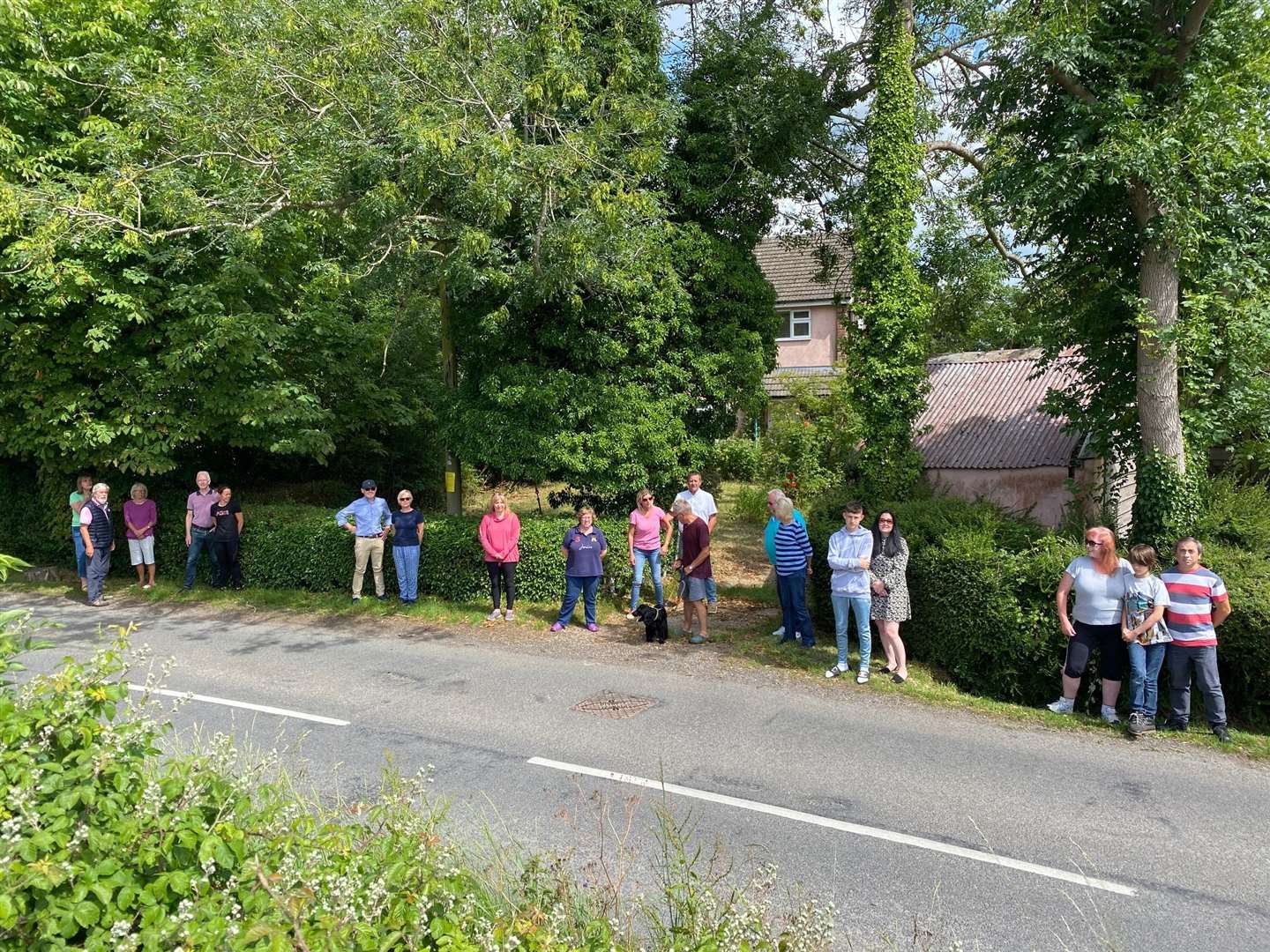 Some of the Withersfield residents pictured in June 2020 near the site in Thurlow Road of the proposed new houses that they were objecting to. Picture by Denis Elavia