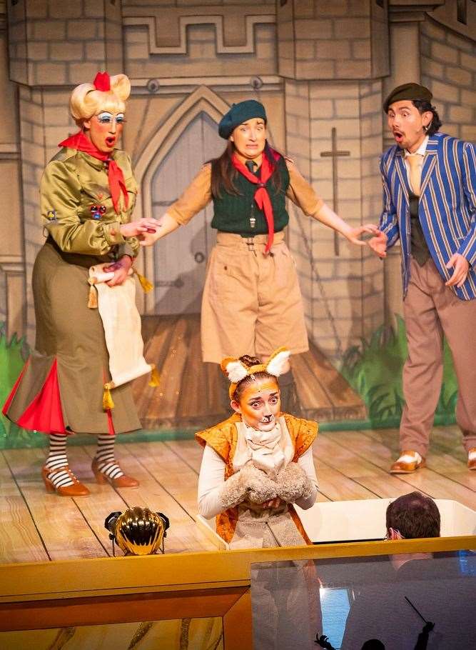Dance captain Lizzie Buckingham also appears in the panto as Corky the Corgi (centre front)