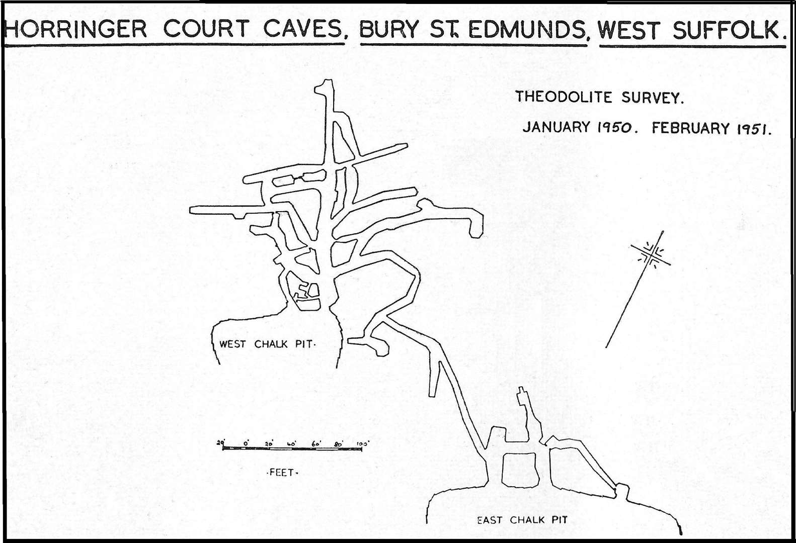A map produced in the 1950s of the Horringer Court chalk mines