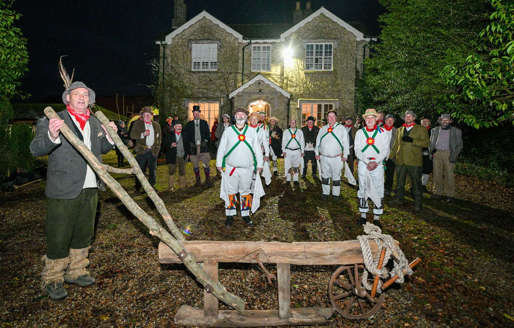 The Balsham Ploughmen and the morris dancers at one of the many stops on the Plough Monday route Pictures by Keith Heppell