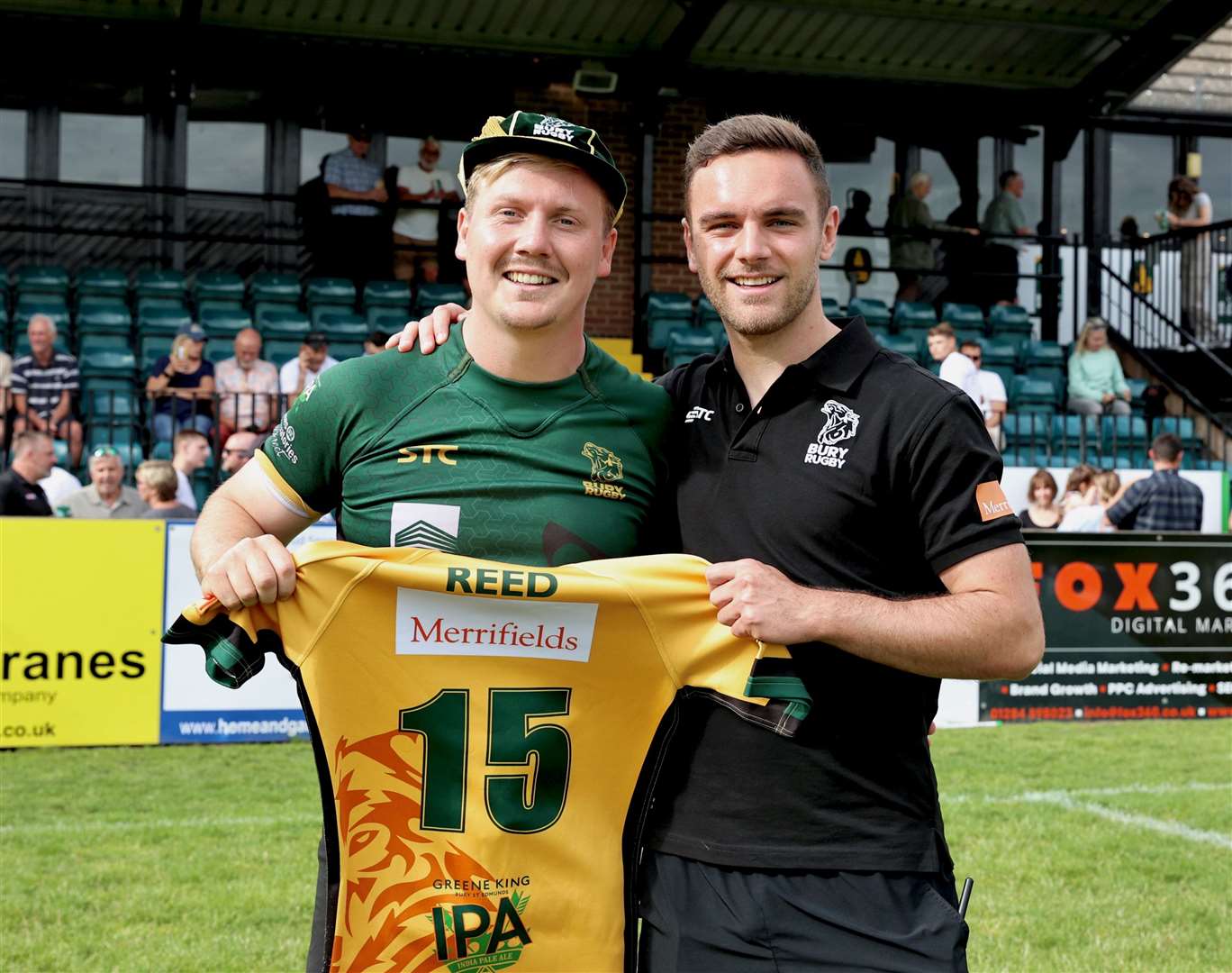 Bury St Edmunds head coach Jacob Ford presented departing Charlie Reed with a commemorative shirt and cap at the pre-season friendly against Blackheath on Saturday Picture: Beanstalk Media