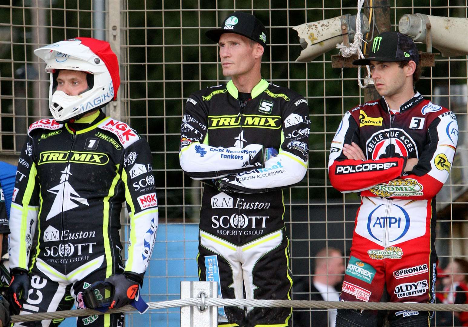 Emil Sayfutdinov, Jason Doyle and Belle Vue’s Jaimon Lidsey watch the action at Foxhall as the Aces beat the Witches in a last-heat decider last week. Picture: Phil Hilton